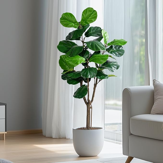 Artificial Fiddle Leaf Tree-5ft Faux Plant Fake Ficus Lyrata Tree Artificial Fig Silk Trees with Pot Floor Plants for Home Living Room Decor Indoor