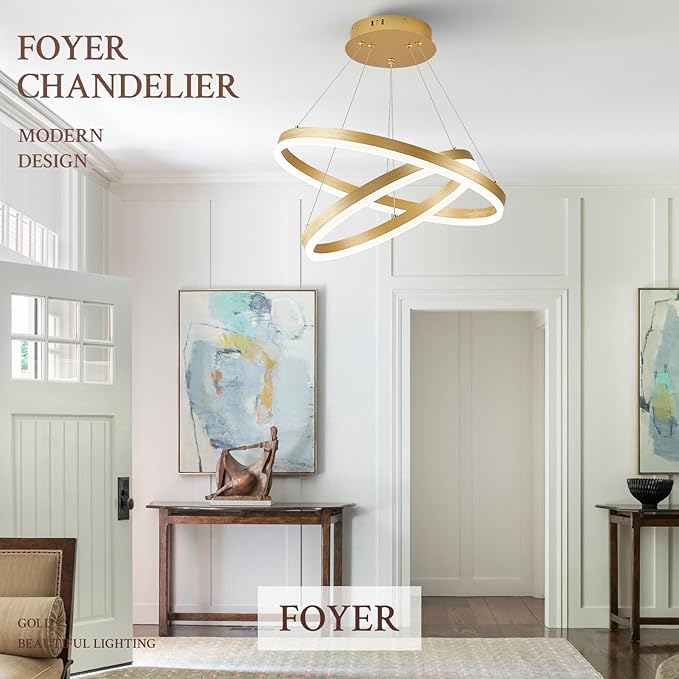 Modern LED Chandelier Gold 2-Rings Pendant Light Circular Flush Mount Ceiling Chandelier Lighting with Remote Control for Bedroom Living Room Dining Room Entrance, 3000K-6500K