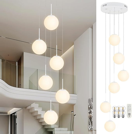 KoKo&Yukina Globe Pendant Light 6 Light White Globe Pendant Lights Kitchen Island Mid Century Light Fixture with Milky White Glass Shade Lights for Staircase