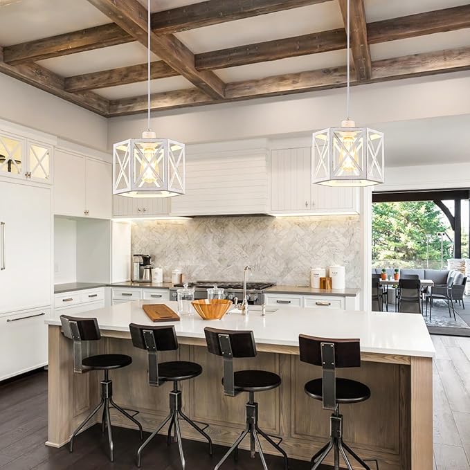 2 Pack Pendant Lights for Kitchen Island, Modern Pendant Lighting with White Hexagonal Cage, Vintage Metal Ceiling Lights, Adjustable Lantern Hanging Light Fixture for Foyer Entryway Bedroom