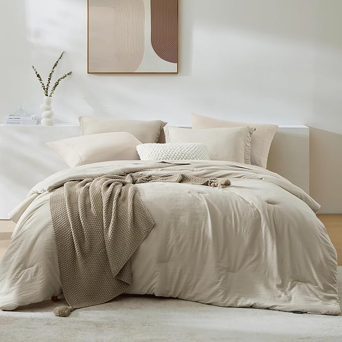 WRENSONGE Oversized Queen Comforter Set - 7 Pieces Light Oatmeal Bed in a Bag Queen with Sheets, 2 Pillow Shams, and 2 Pillowcases- Warm Bedding Sets Queen for All Season