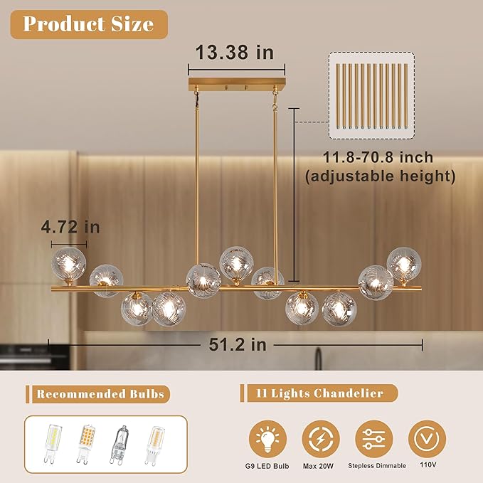 Dining Room Light Fixture, 55inch Modern Chandeliers for Dining room,11 Lights Gold Linear Chandelier with Gray Globe Glass Brass Sputnik Chandeliers over Table Large Pendant island Lights for Kitchen