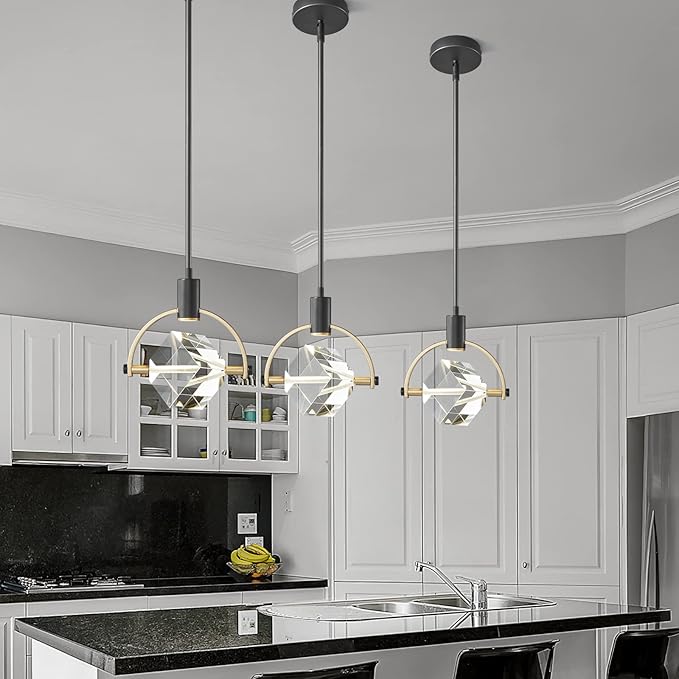 Pendant Ceiling Light Fixture for Kitchen Island, Dimmable Modern Integrated LED Hanging Light, Crystal Pendant Light in Black Gold Finish, Bedroom, Dining Room (1-Lights)