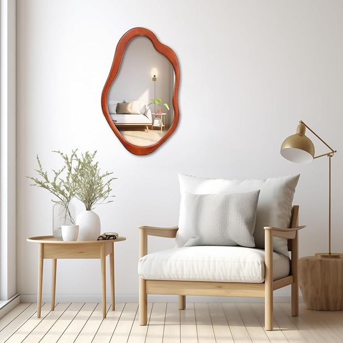 Wavy Mirror with Wood Frame, Modern Decorative Asymmetrical Mirror for Bedroom, Living Room, Entryway (Walnut, 2415)