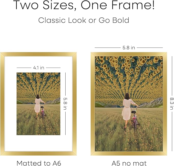 Homeforia A5 Picture Frame Gold, High End Metal 5.8 x 8.3 Frames Matted to 4.1 by 5.8 inch Photo, A5 Frame with Mat A6, 5.8x8.3 Poster Frames, 8.3x5.8 Display Frame, Tempered Glass, Wall Kit, Set of 2