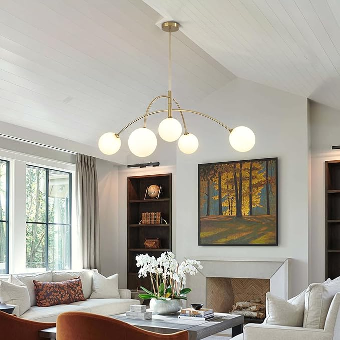 Contemporary Gold Ceiling Light 5-Light Glass Globe Lights Mid Century Modern Sputnik Chandelier for Dining Room Kitchen Bedroom Lighting Fixture