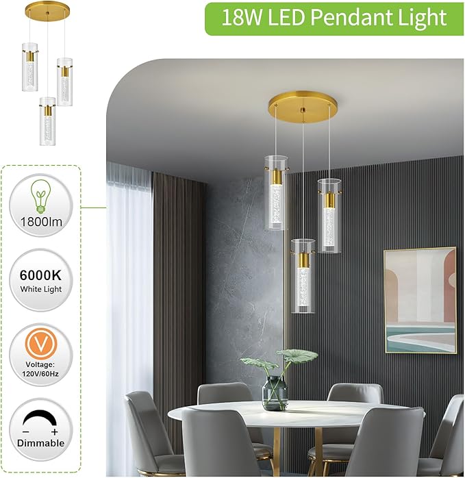 Pendant Ceiling Light Fixture for Kitchen Island, Gold Pendant Light Integrated LED Hanging Light with Crystal Bubble Glass Pendant Light Modern Pendant Lights Kitchen Island (3-Light)