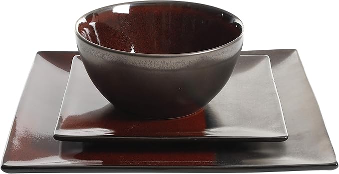 Gibson Elite Decadence 12 Piece Reactive Glaze Dinnerware Set Service for 4, Red with Reactive Metallic Color -