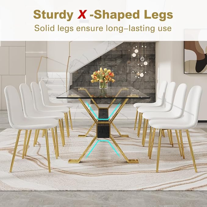 71'' Glass Dining Table Set for 8,9 Piece Dining Table Set with Open‑Frame X‑Shaped Golden Metal Base,Gold Kitchen Table and Chairs Ideal for Dining Room&Home Office