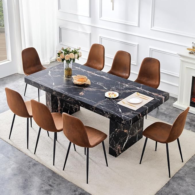 79" Marble Dining Table Set｜Modern Dining Table Set with 8 Suede Chairs｜Engineered Wood with Marble Pattern Tabletop｜Widened and Stable Tablelegs｜Easy Assembly