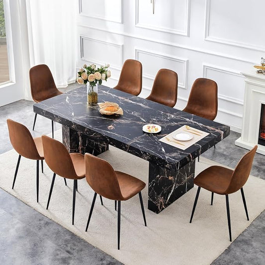 79" Marble Dining Table Set｜Modern Dining Table Set with 8 Suede Chairs｜Engineered Wood with Marble Pattern Tabletop｜Widened and Stable Tablelegs｜Easy Assembly