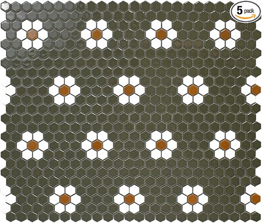 Tenedos Hexagon Glossy Green & White Flower Porcelain Mosaic Tile – Kitchen Backsplash, Bathroom Wall & Shower Floor Tile (5 Sheets)
