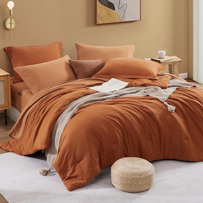 WRENSONGE Oversized Queen Comforter Set - 7 Pieces Burnt Orange Bed in a Bag Queen with Sheets, 2 Pillow Shams, and 2 Pillowcases- Warm Bedding Sets Queen for All Season