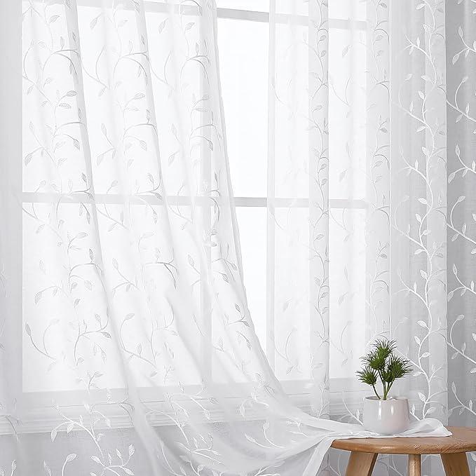 VISIONTEX White Sheer Voile Curtains, Decorative Leaves Embroidery Faux Linen Rod Pocket Window Drapes for Home Kitchen, Living Room and Bedroom 54 x 108 Inch, Set of 2 Curtain Panels