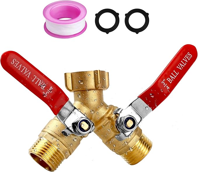 Garden Hose Splitter 2-Way, Heavy-Duty Brass Hose Splitter with Stainless Steel Long Handle, 3/4-inch GHT Thread Garden Hose Y-Splitter 2-Way, Includes 2 Extra Washers and 1 Roll of Tape