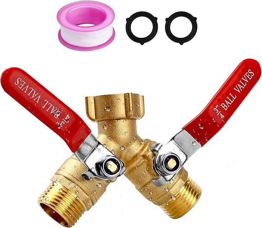 Garden Hose Splitter 2-Way, Heavy-Duty Brass Hose Splitter with Stainless Steel Long Handle, 3/4-inch GHT Thread Garden Hose Y-Splitter 2-Way, Includes 2 Extra Washers and 1 Roll of Tape