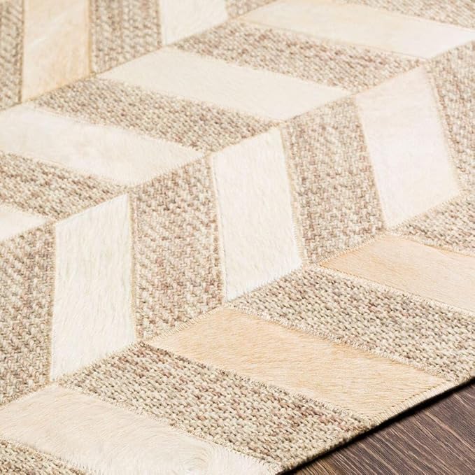 Geometric Pattern Area Rug, Leather and Wool Blend Carpet, Beige and White (Natural White/Beige-113, 3x14)