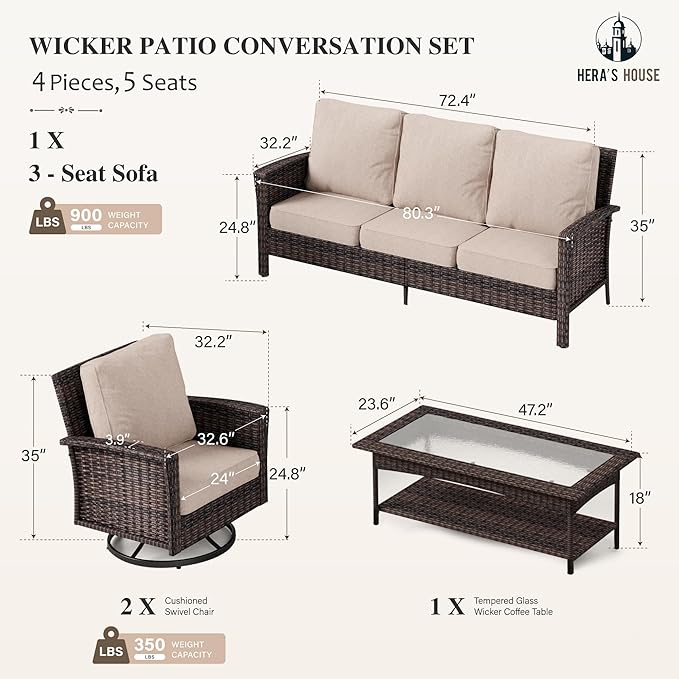 HERA'S HOUSE High Back Patio Furniture Set with Swivel Chairs, Outdoor Wicker Conversation Sets with 5.5" Comfy Cushions, 4 Piece Outside Sofa Sets, Beige