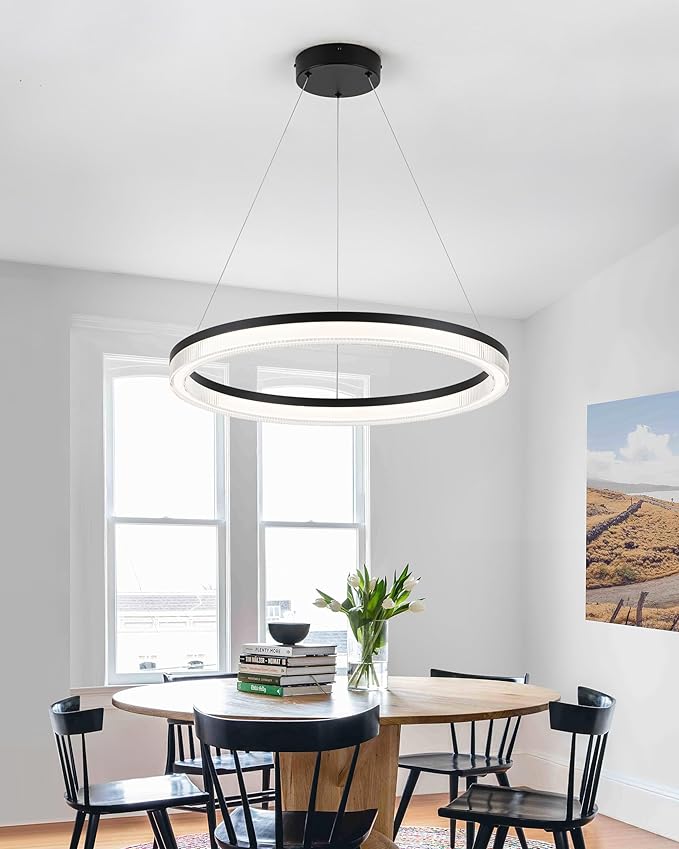 Modern Black Led Pendant Light,36W Dimmable LED Chandelier Lighting Fixture, 1 Ring Circular Hanging Led Pendant Lighting for Living Room Dining Room Kitchen Island Foyer Office