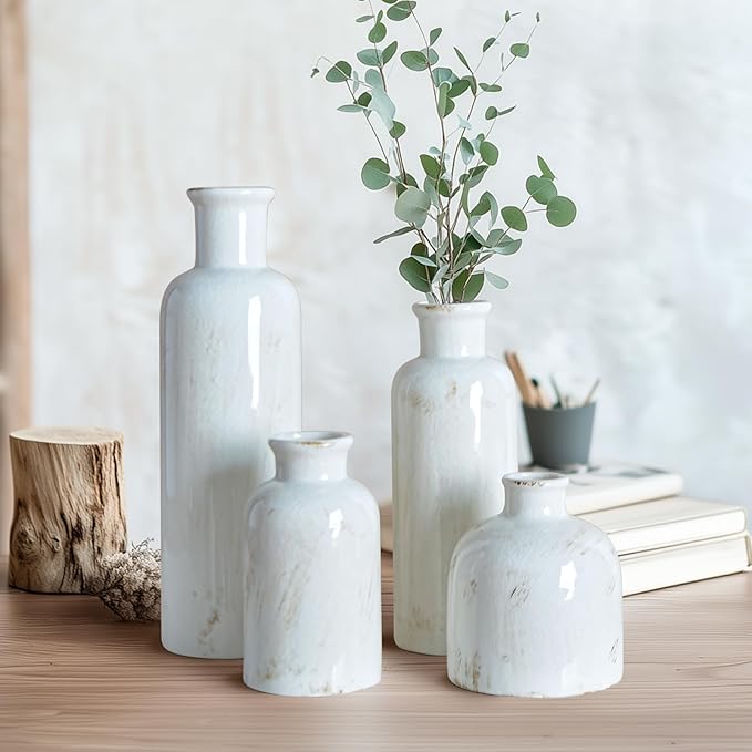 White Ceramic Vase Set, 10 Inch Farmhouse Decor Vase, Home Decorative Vases for Home Decor, Kitchen, Bedroom, Office, Living Room, Bathroom, Ideal Housewarming Gift(Old White)