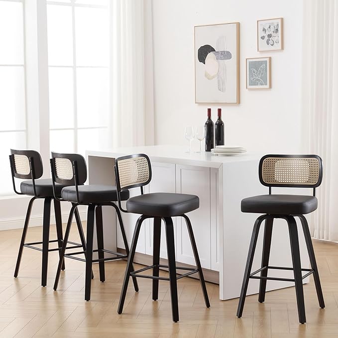 Swivel Bar Height Stools Set of 4, Upholstered Faux Leather Barstools with Rattan Back, 29" Seat Height Tall Bar Stools for Kitchen Counter, Black Wood Frame, Black
