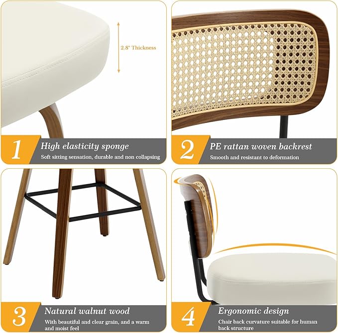 Swivel Bar Stools Set of 4, Upholstered Faux Leather Barstools with Rattan Back, 29" Seat Height Bar Chairs for Kitchen Island, Bentwood Wood Frame, Cream White