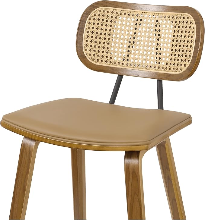 26" Counter Height Bar Stools Mid Century Modern Counter Stools, Wood Counter Stool with PU Leather Upholstered Bar Chair with Rattan Back, Counter Height Stools for Kitchen Island, Brown & Walnut