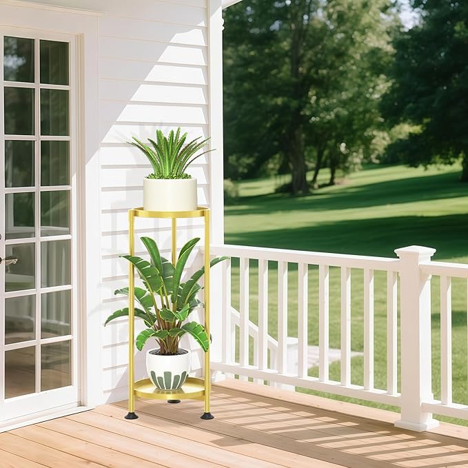 LASZOLA 2 Tier Gold Plant Stand Indoor for Large Tall Heavy Duty Flower Planter, Metal Vertical Multi Level Rack for Narrow Floor Corner, Sturdy Round Holder Organizer, Modern, Mid Century, Farmhouse