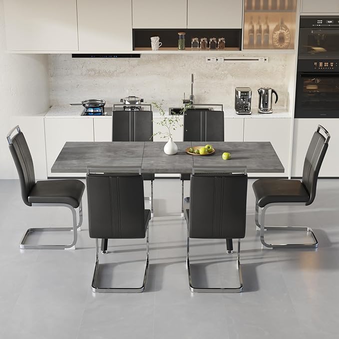 7 Piece Dining Table Set for 6-8,55-71" Extendable Dining Table Set with 6 Upholstered Chairs,Rectangle Kitchen Table Set for Small Space,Dining Room and Office,Grey