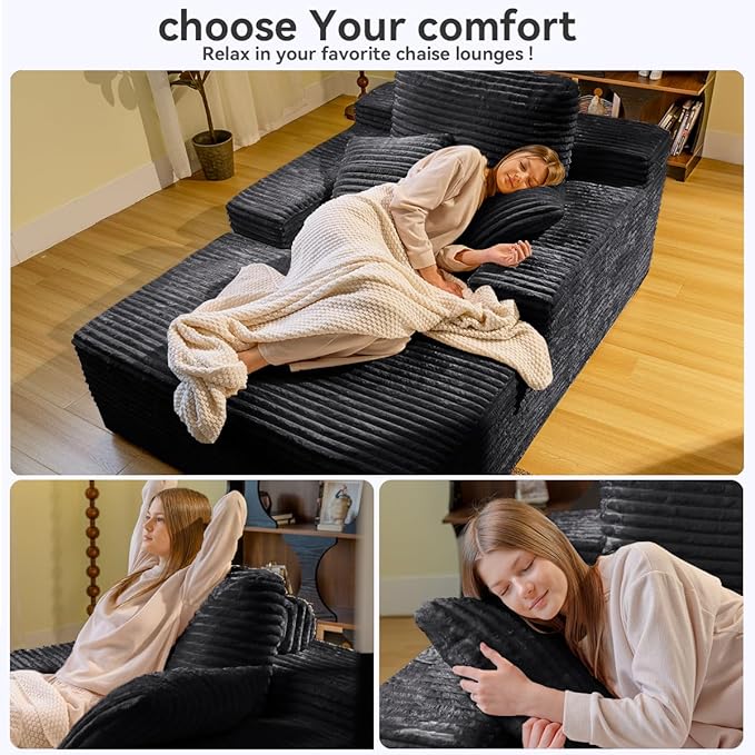 67" Oversized Chaise Lounge Chair Indoor, Cloud Couches for Living Room, Corduroy Sleeper Sofa Bed, No Assembly Required, Deep Seat Lounge Chair with Pillows Gray