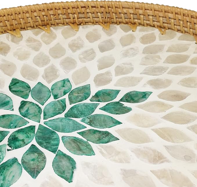 I-LAN 15 Inch Oval Rattan Woven Basket Tray with Beige Green MOP Wooden Base, Boho Wicker Coffee Table Serving Basket Décor with 1.2 Inch Wall, Handmade Display Basket for Countertop, L