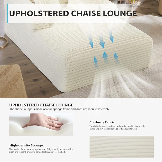 Oversized Chaise Lounge Chair Indoor, Corduroy Sofa Bed with Throw Pillows, Cozy Cloud Couch, Upholstered Sleeper Sofa Couch for Living Room, Bedroom, Apartment, White