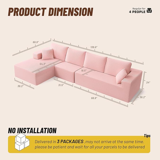 138" Boneless Couch with Deep Seat, Modular Sectional Sofa, Cloud Sectional Couch for Living Room, No Assembly Required, Corduroy, 4 Seater L-Shape Left, Pink
