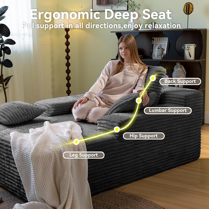 67" Oversized Chaise Lounge Chair Indoor, Cloud Couches for Living Room, Corduroy Sleeper Sofa Bed, No Assembly Required, Deep Seat Lounge Chair with Pillows Gray