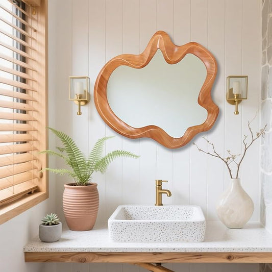 Gluck Plants Irregular Wall Mirror,21x20 Walnut Wooden Framed Asymmetrical Farmhouse Modern Unique Cloud Wavy Wood Mirror for Bathroom Living Room Bedroom Entryway Hallway