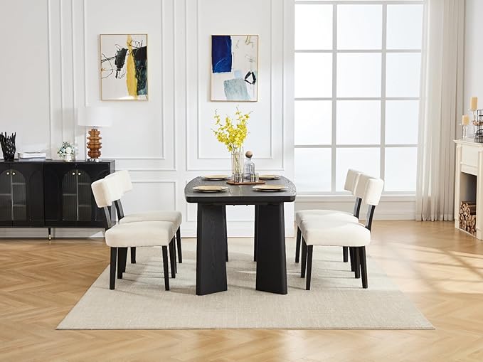 Wooden Dining Table Set of 4, Farmhouse Rectangular Dining Room Table with 4 Upholstered Beige Dining Room Chairs, Black Frame, Modern Black Kitchen Table and Linen Chairs Set for Home