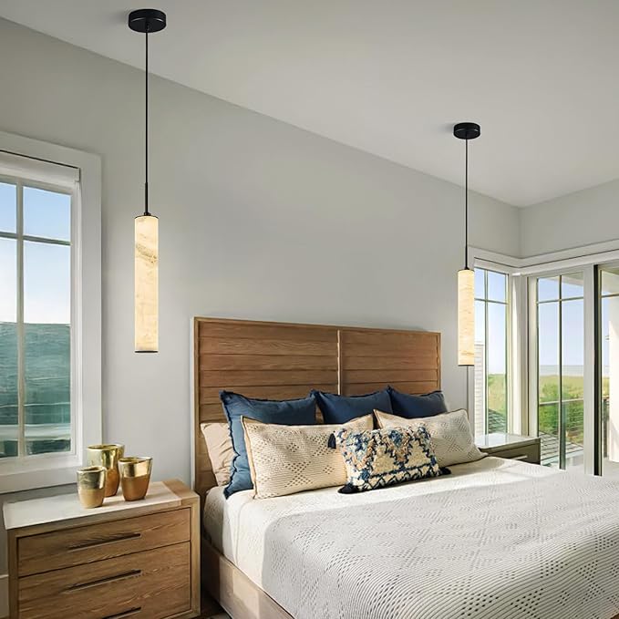 LMQNINE Natural Alabaster Pendant Lights for Kitchen Island White Marble Long Tube Chandelier Modern Black Ceiling Light Fixtures for Bedroom Dining Room Table Living Room Hallway(M-2Pack)