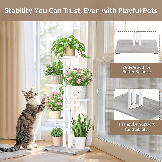 LASZOLA White 4 Tiered Plant Stand Indoors Heavy Duty Metal Rack, Sturdy Multi Level Shleving Hold Flowers, Larger House Decorate Ladder for Planting Inside Tree Herb Cactus, Wooden Base, Space Saving