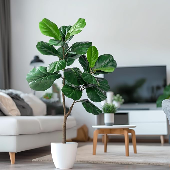 Artificial Fiddle Leaf Tree-4ft Faux Plant Fake Ficus Lyrata Tree Artificial Fig Silk Trees with Pot Floor Plants for Home Living Room Decor Indoor