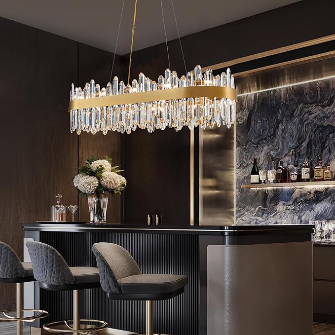 Modern Crystal Chandelier, 20-Lights Rectangle Gold Raindrop Chandelier Luxury Oval Pendant Ceiling Light Fixture for Living Room Dining Room Kitchen Island L35.4''