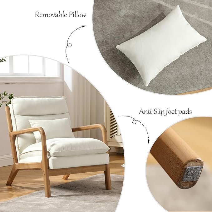 INZOY Accent Chairs Set of 2, Mid Century Modern Accent Chair with Wood Frame, Upholstered Reading Armchair with Waist Cushion, Side Chair for Living Room Bedroom Office, Easy Assembly, White
