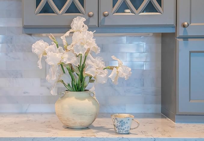 Handmade Beige White Two-Ear Ceramic Vase, Textured Pottery Vase with Two Ears for Centerpieces, Kitchen, Living Room, Bedroom Decor Gifts (Beige White*, Short)