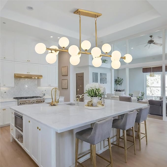 Mid Century Modern Chandelier 55in Linear Gold Pendant Lighting Fixture Linear Chandeliers for Kitchen Island, Dining Room 16-Light