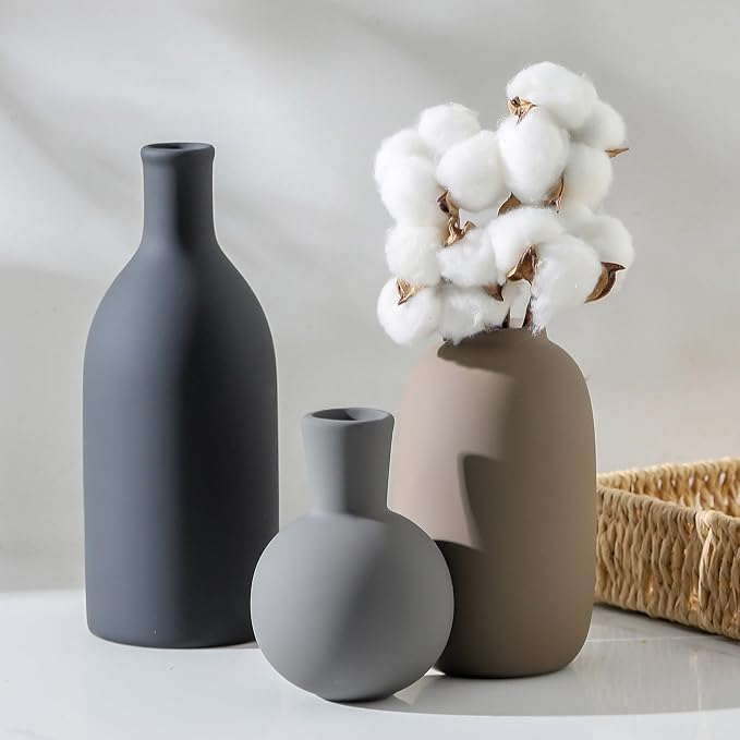 Ceramic Vase Set of 3, Rustic Farmhouse Vases Home Decor Pottery Pampas Vase Decoration Modern Neutral Flowers Vases for Room Decor, Entryway, Living Room, Table, Kitchen, Bedroom - Multicolor