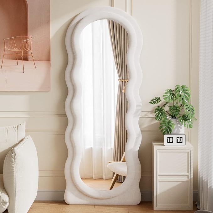 Full Length Mirror, 63"x24" Wavy Floor Mirror, Arched Standing Mirrors Full Length, Cloud Shaped Flannel Wall Mirror, Dressing Body Mirrors Hanging or Leaning Against Wall for Bedroom (White)