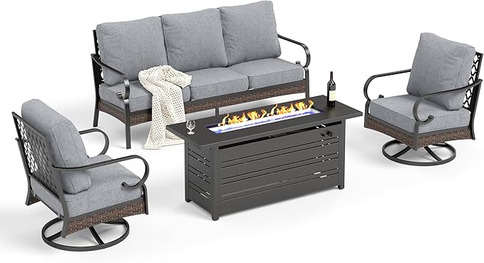 HERA'S HOUSE 4 Piece Patio Furniture Set with 56" Fire Pit Table, 2 x Swivel Cushioned Chair, 1 x 3-Seat Sofa, 5-Seats Outdoor Conversation Set for Lawn Garden Deck, Grey