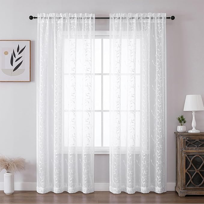 VISIONTEX White Sheer Voile Curtains, Decorative Leaves Embroidery Faux Linen Rod Pocket Window Drapes for Home Kitchen, Living Room and Bedroom 54 x 108 Inch, Set of 2 Curtain Panels