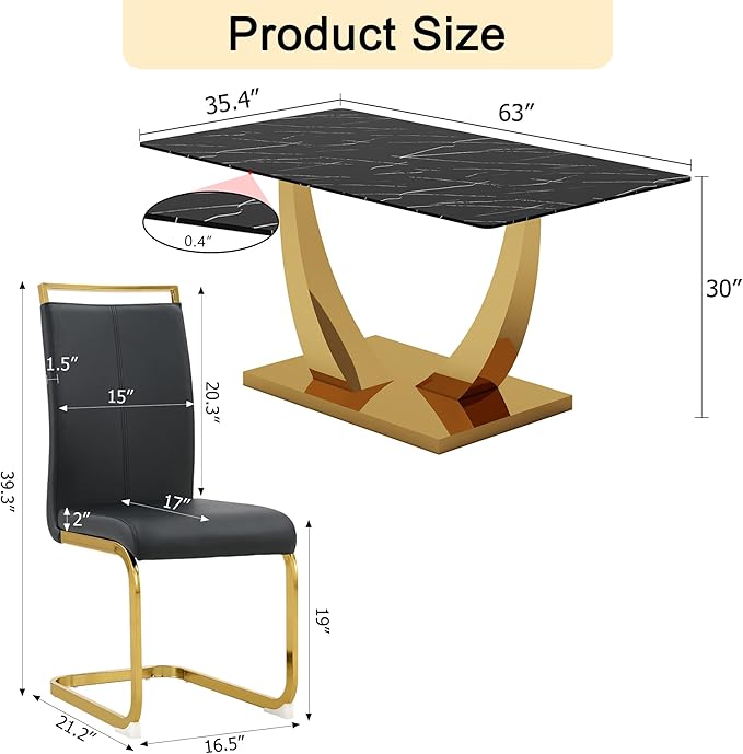63” Faux Marble Dining Table Set for 6,Black Dining Room Table Set for 6, Rectangle Kitchen Table Set with PU Leather Chairs,Gold Dinner Table Set with Tempered Glass Top and Gold Base