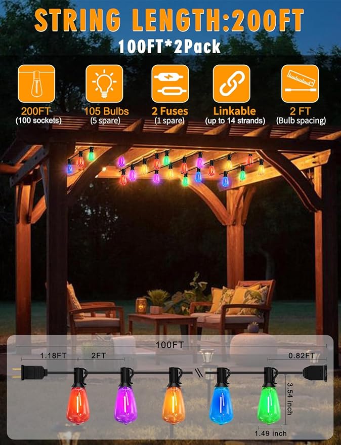 Achin Multicolor Outdoor String Lights 200FT(100ft*2), Colored Patio Lights Waterproof with 100+5 ST38 Vintage LED Bulbs Shatterproof, Rainbow String Lights for Outside Yard, Party, Christmas