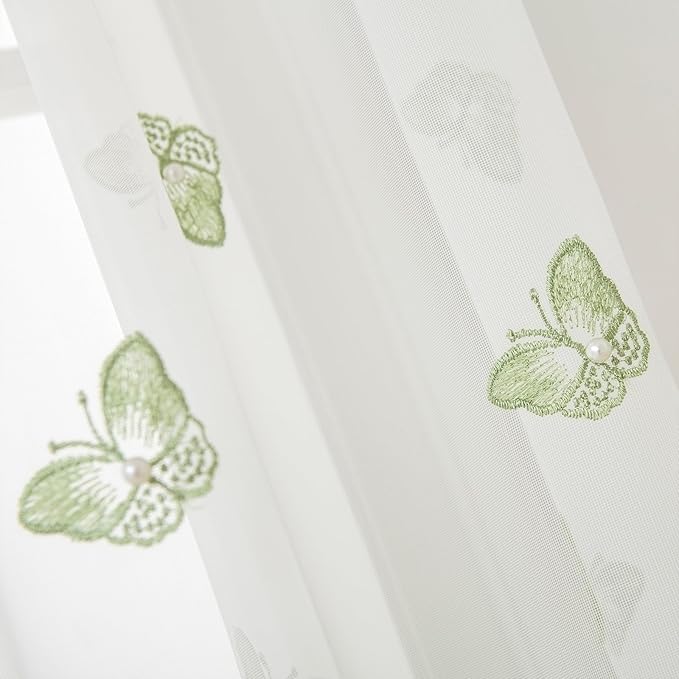 VISIONTEX White Sheer Voile Curtains, Decorative Green Embossed Butterflies Rod Pocket Window Drapes for Home Kitchen, Living Room and Bedroom 54 x 63 Inch, Set of 2 Curtain Panels